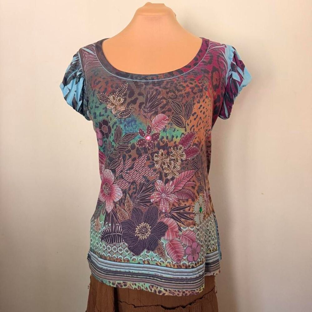 Y2K B.L.E.U. Multicolor Floral Leopard Print Rhinestone Tee Size M